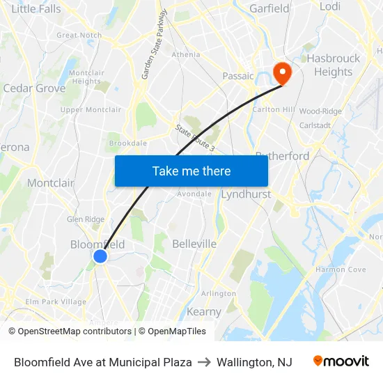 Bloomfield Ave at Municipal Plaza to Wallington, NJ map