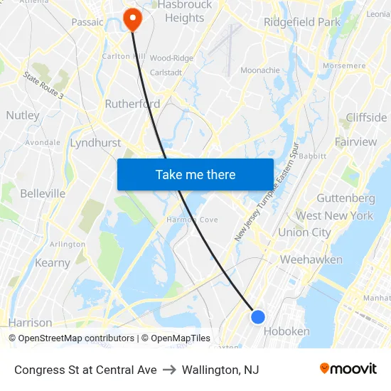 Congress St at Central Ave to Wallington, NJ map