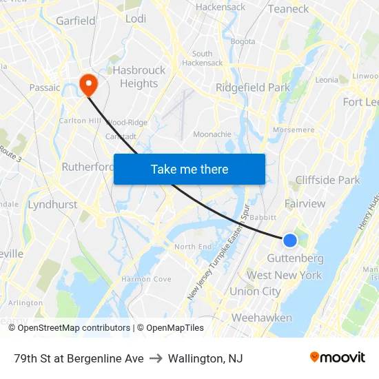79th St at Bergenline Ave to Wallington, NJ map