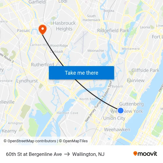60th St at Bergenline Ave to Wallington, NJ map