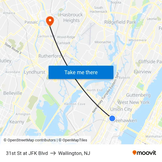 31st St at JFK Blvd to Wallington, NJ map