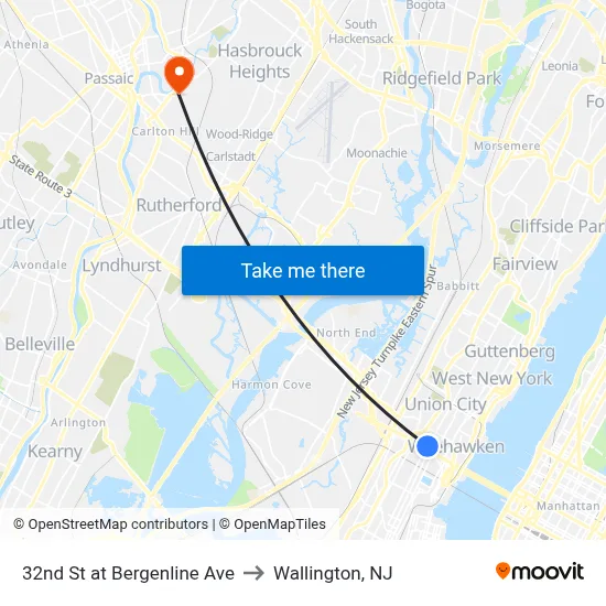 32nd St at Bergenline Ave to Wallington, NJ map