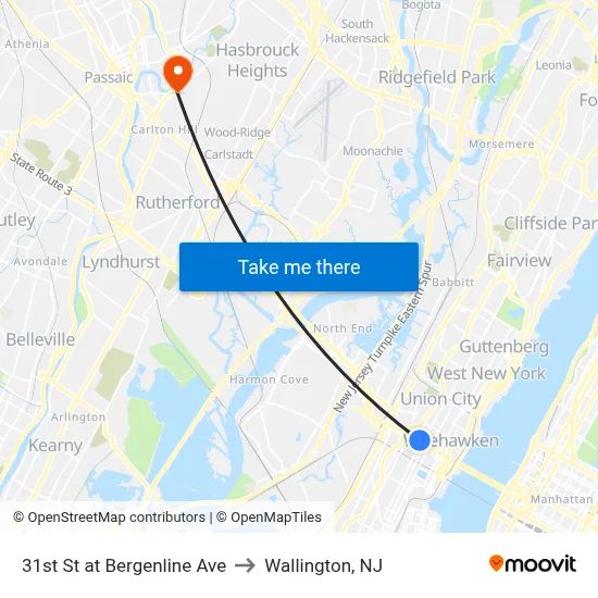 31st St at Bergenline Ave to Wallington, NJ map