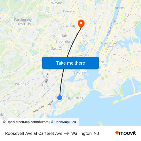 Roosevelt Ave at Carteret Ave to Wallington, NJ map