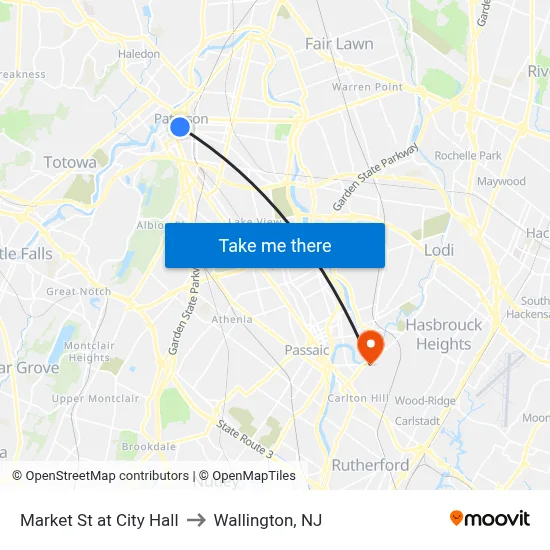Market St at City Hall to Wallington, NJ map
