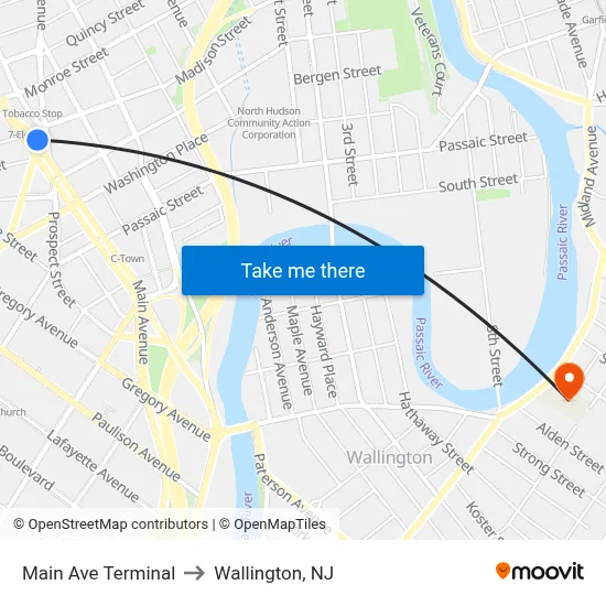 Main Ave Terminal to Wallington, NJ map