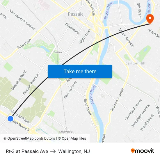 Rt-3 at Passaic Ave to Wallington, NJ map