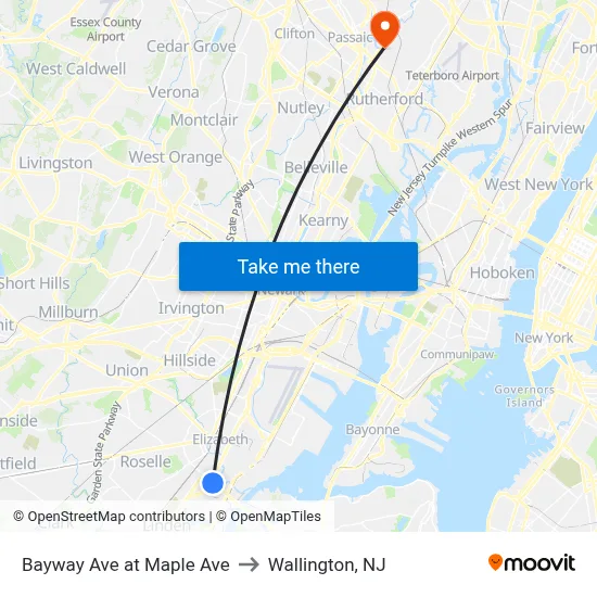 Bayway Ave at Maple Ave to Wallington, NJ map