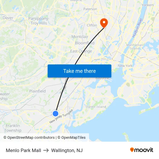 Menlo Park Mall to Wallington, NJ map