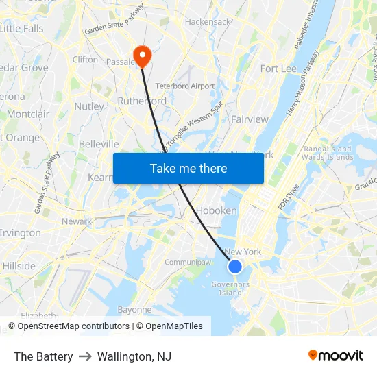 The Battery to Wallington, NJ map