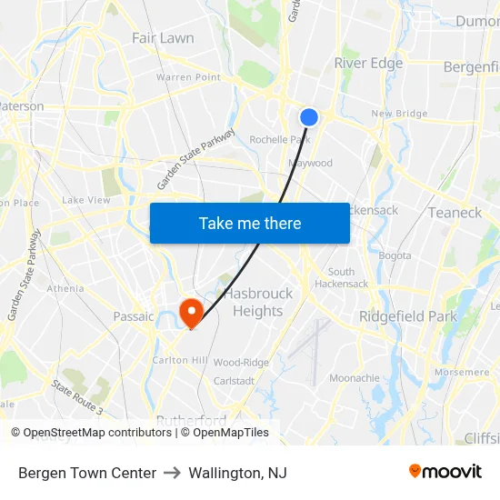 Bergen Town Center to Wallington, NJ map