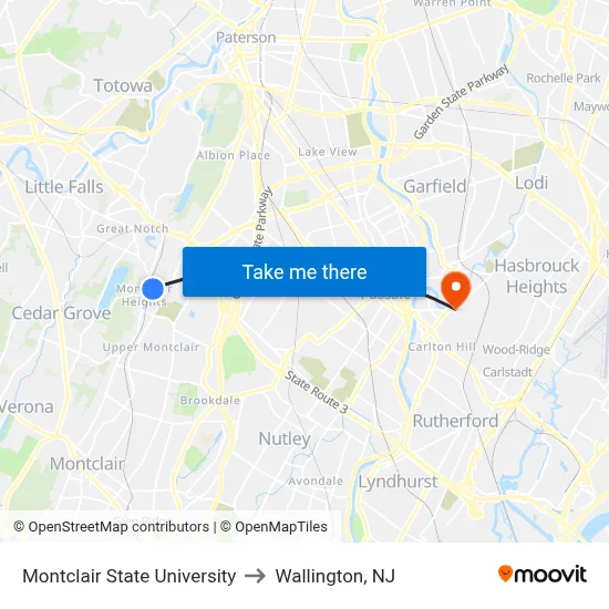 Montclair State University to Wallington, NJ map