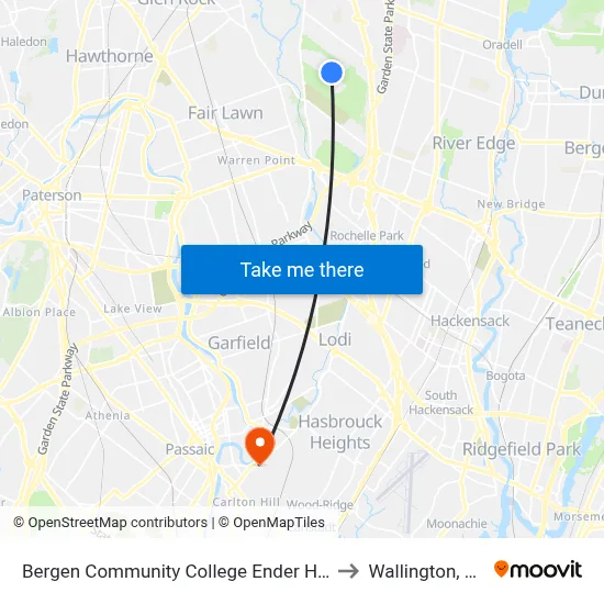 Bergen Community College Ender Hall to Wallington, NJ map