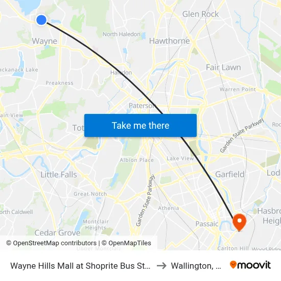 Wayne Hills Mall at Shoprite Bus Stop to Wallington, NJ map