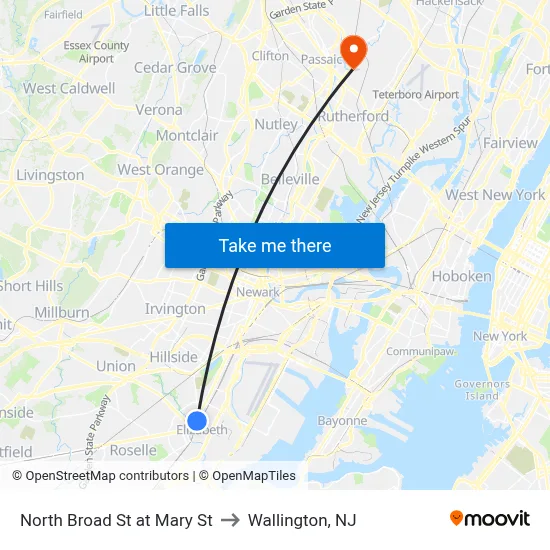 North Broad St at Mary St to Wallington, NJ map