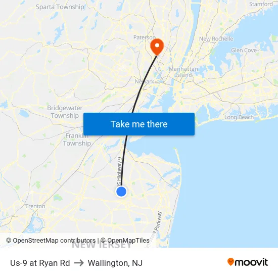 Us-9 at Ryan Rd to Wallington, NJ map