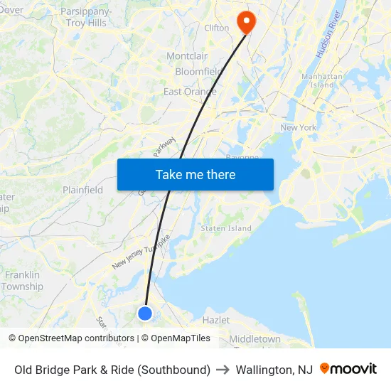 Old Bridge Park & Ride (Southbound) to Wallington, NJ map
