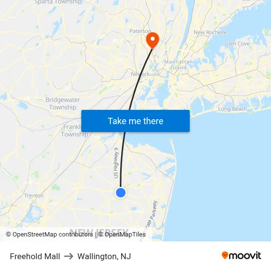 Freehold Mall to Wallington, NJ map