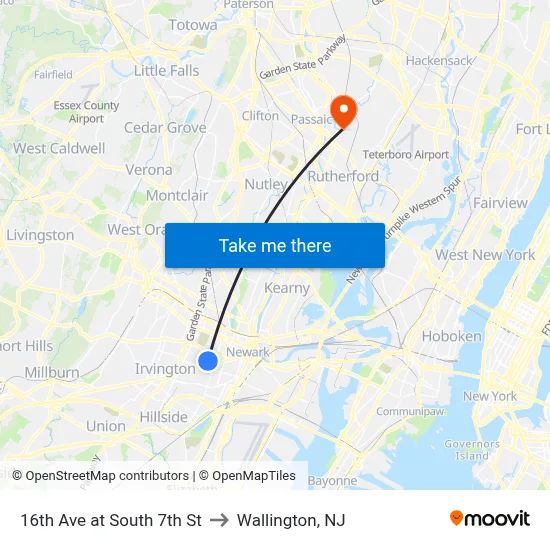 16th Ave at South 7th St to Wallington, NJ map