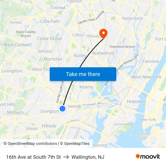 16th Ave at South 7th St to Wallington, NJ map