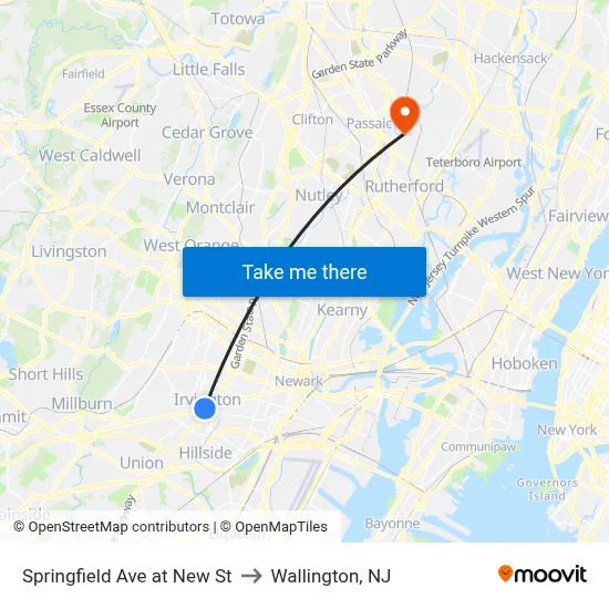Springfield Ave at New St to Wallington, NJ map