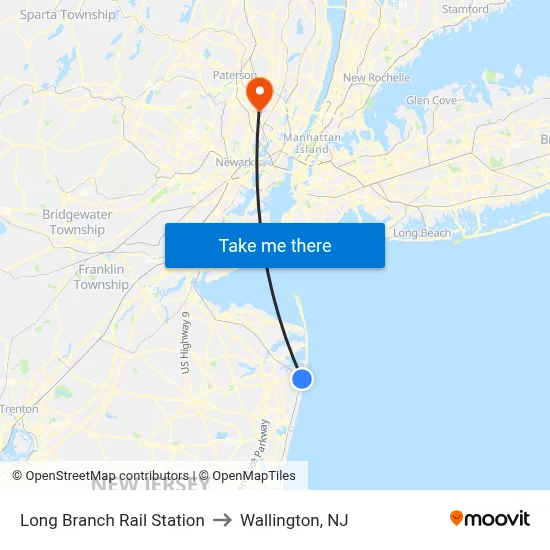 Long Branch Rail Station to Wallington, NJ map