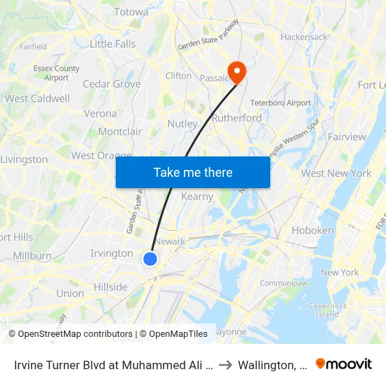 Irvine Turner Blvd at Muhammed Ali Ave to Wallington, NJ map