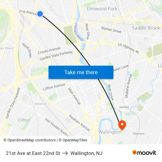 21st Ave at East 22nd St to Wallington, NJ map
