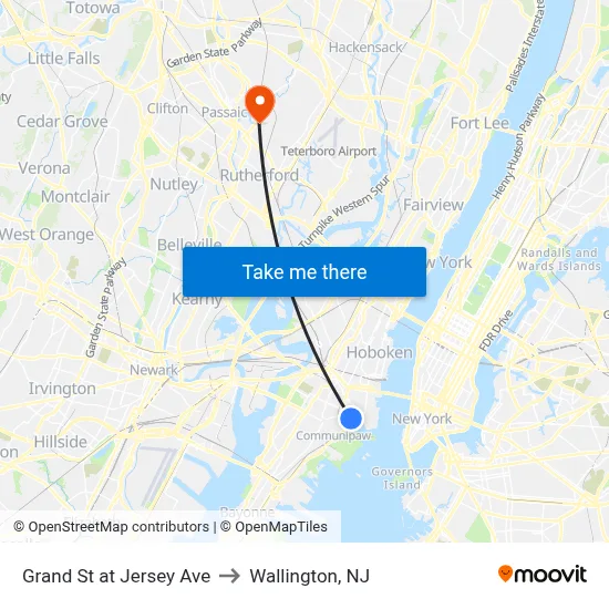 Grand St at Jersey Ave to Wallington, NJ map