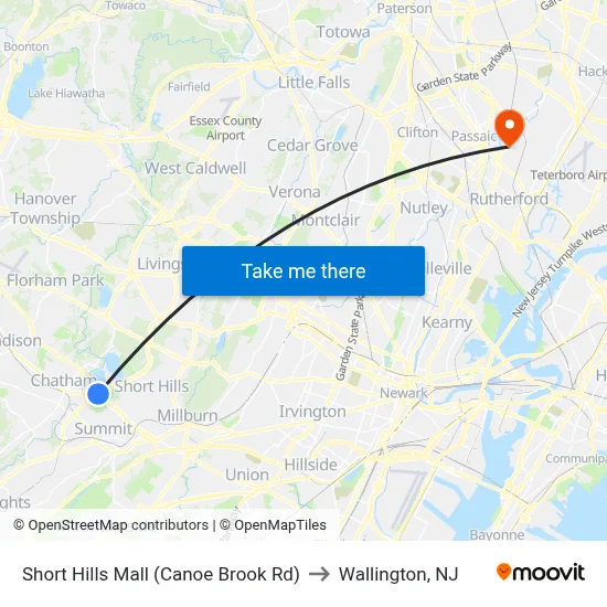 Short Hills Mall (Canoe Brook Rd) to Wallington, NJ map