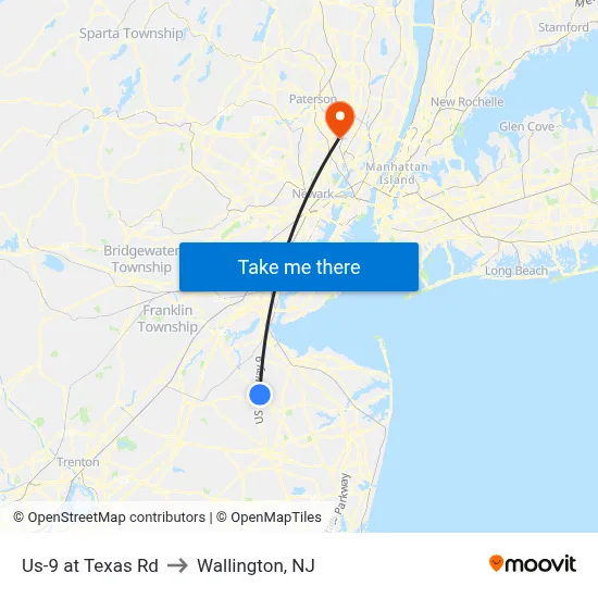 Us-9 at Texas Rd to Wallington, NJ map