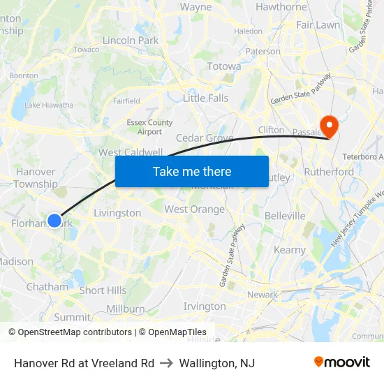 Hanover Rd at Vreeland Rd to Wallington, NJ map