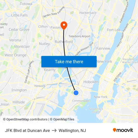 JFK Blvd at Duncan Ave to Wallington, NJ map