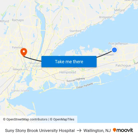 Suny Stony Brook University Hospital to Wallington, NJ map