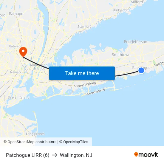 Patchogue LIRR (6) to Wallington, NJ map