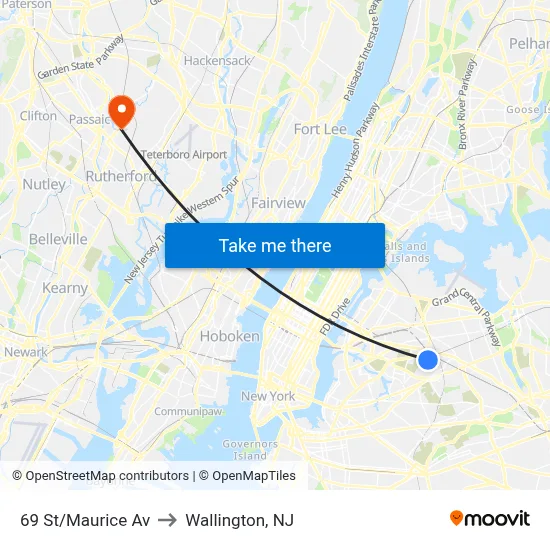 69 St/Maurice Av to Wallington, NJ map