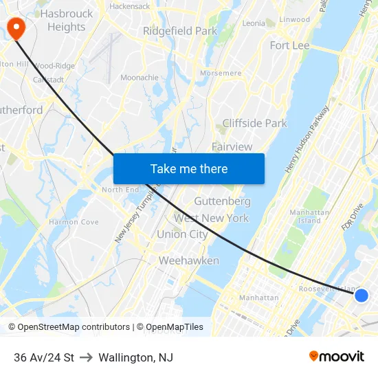 36 Av/24 St to Wallington, NJ map
