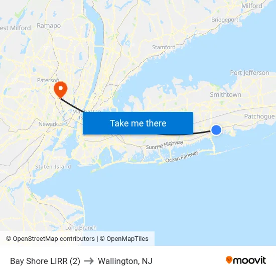 Bay Shore LIRR (2) to Wallington, NJ map