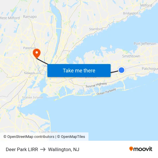 Deer Park LIRR to Wallington, NJ map