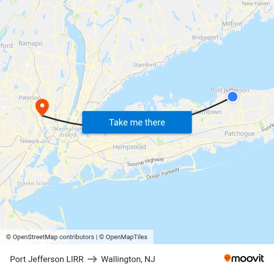 Port Jefferson LIRR to Wallington, NJ map