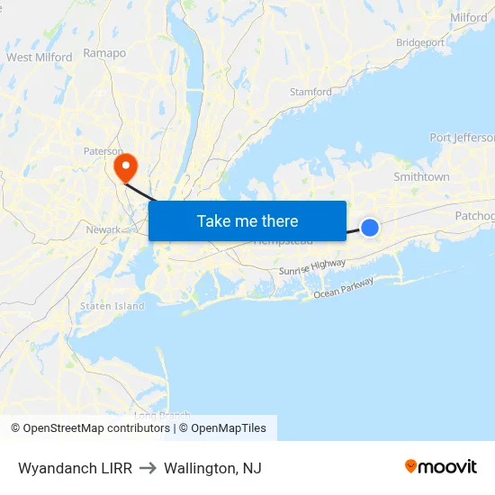 Wyandanch LIRR to Wallington, NJ map