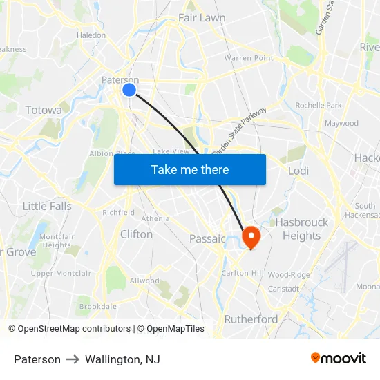 Paterson to Wallington, NJ map