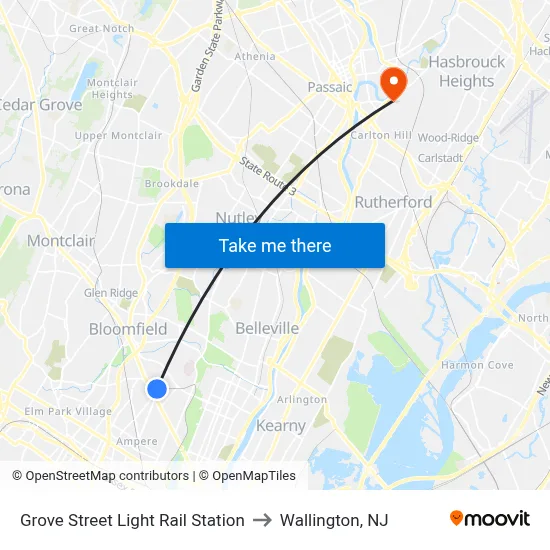 Grove Street Light Rail Station to Wallington, NJ map