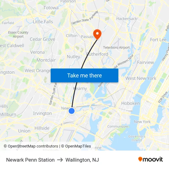 Newark Penn Station to Wallington, NJ map