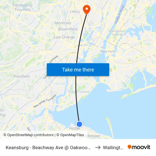 Keansburg -  Beachway Ave @ Oakwood Pl (Northbound) to Wallington, NJ map