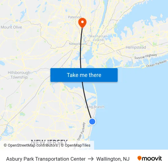 Asbury Park Transportation Center to Wallington, NJ map