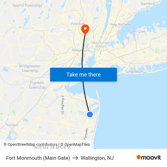 Fort Monmouth (Main Gate) to Wallington, NJ map