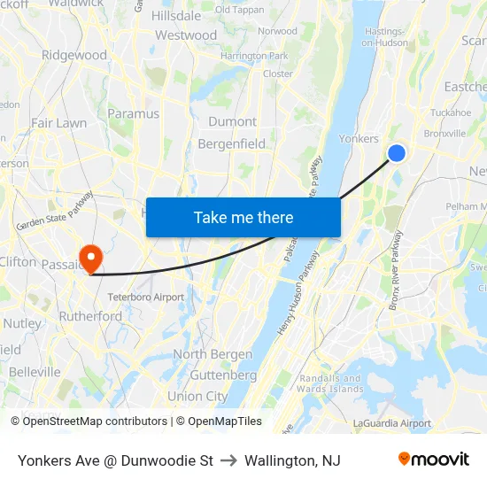 Yonkers Ave @ Dunwoodie St to Wallington, NJ map