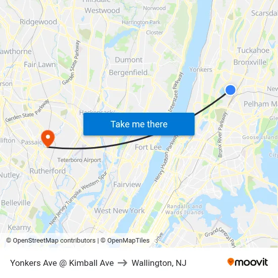 Yonkers Ave @ Kimball Ave to Wallington, NJ map