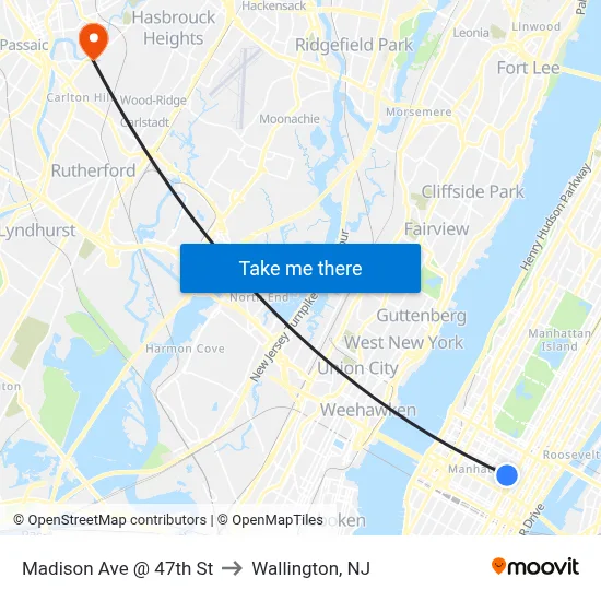 Madison Ave @ 47th St to Wallington, NJ map